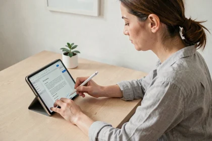 Femme signant électroniquement un document PDF sur tablette avec stylet dans un bureau minimaliste