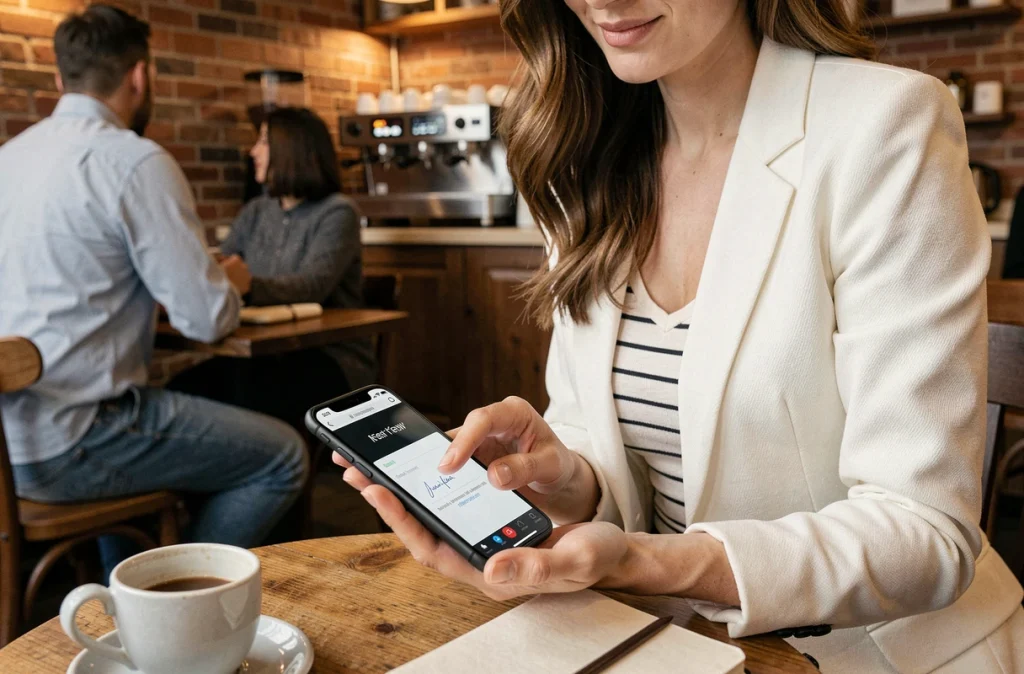 Jeune femme signant un document électronique sur smartphone dans un café avec ambiance chaleureuse