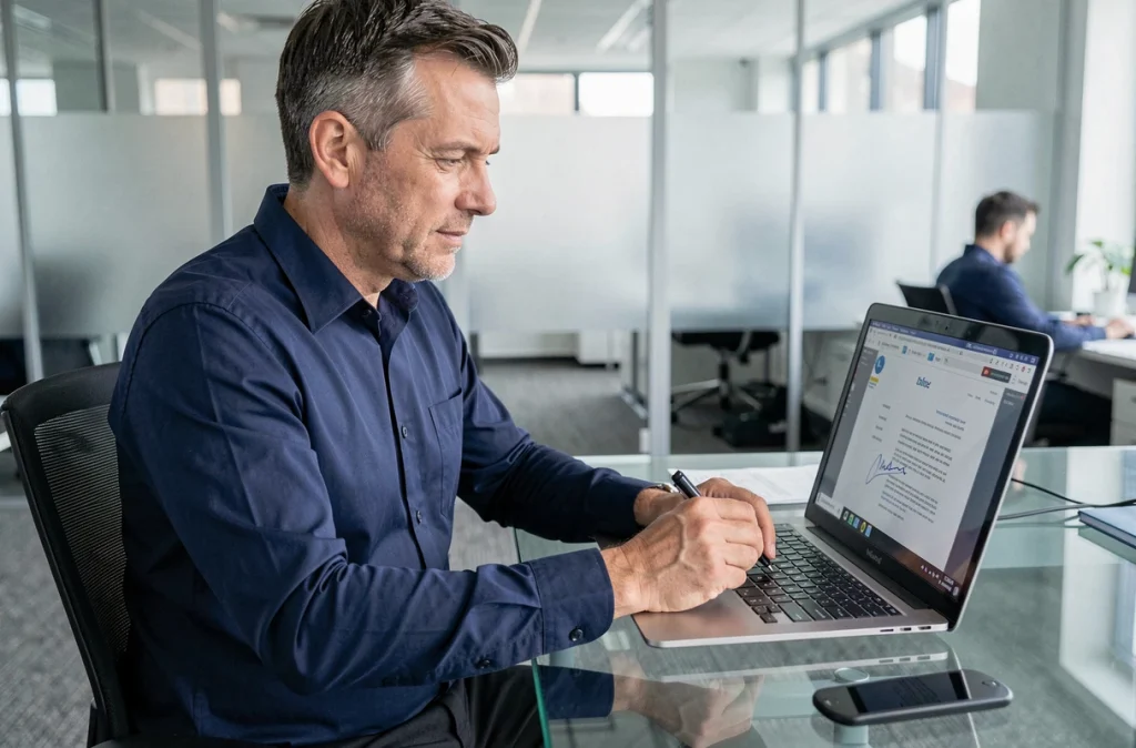 Homme utilisant une signature numérique sur ordinateur portable dans un bureau moderne en open space