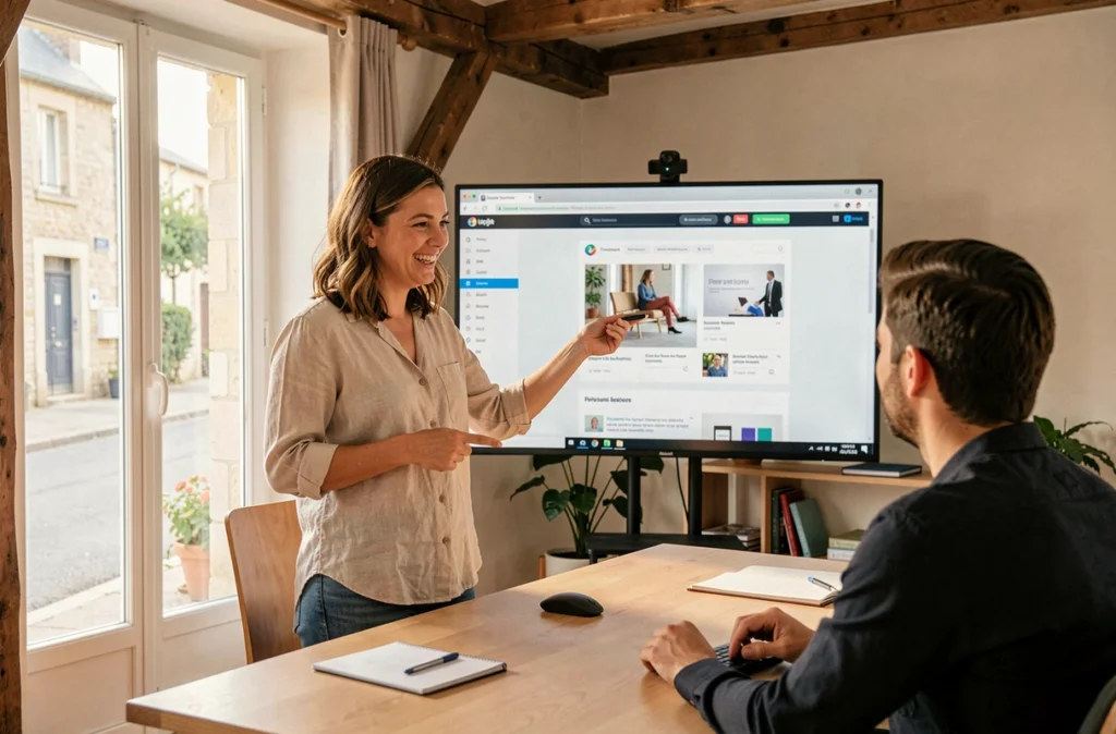 Designer web de l'agence Snazzy à Riom présentant un projet de création de site internet à un client