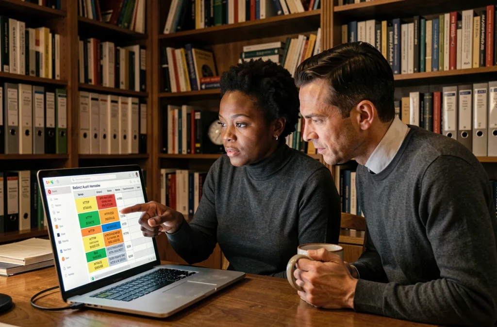 Deux spécialistes SEO analysant un audit de redirections 301 sur un ordinateur portable dans un bureau bibliothèque