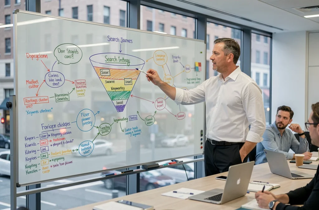 Responsable de stratégie de contenu présentant une carte mentale d'intentions de recherche sur un tableau en verre
