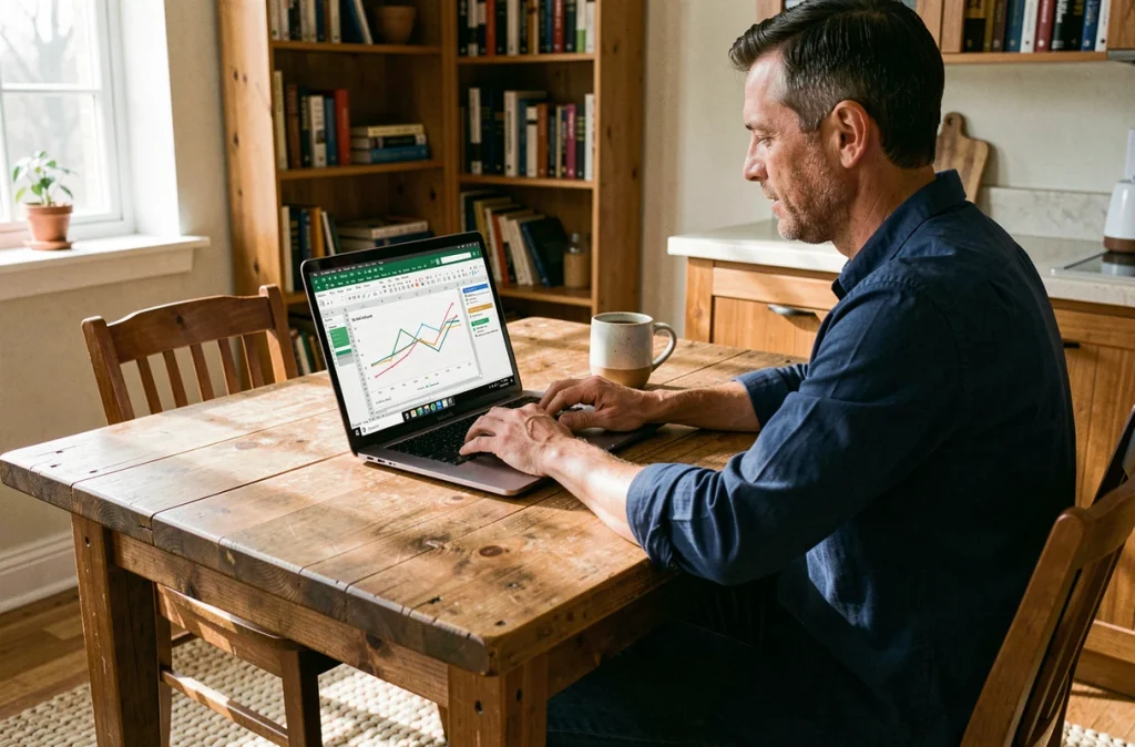 Homme travaillant sur des données Excel dynamiques depuis son bureau à domicile avec une tasse de café