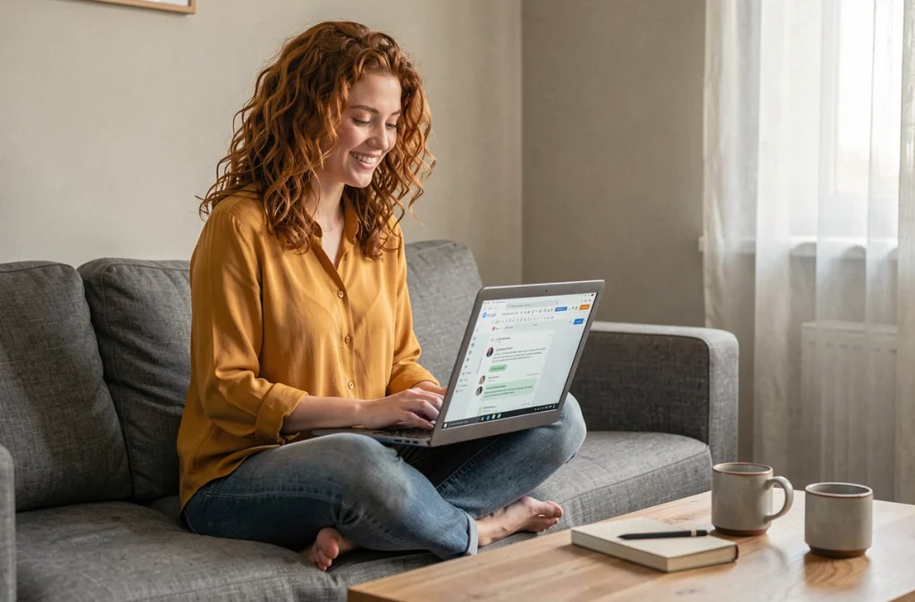Jeune femme travaillant à distance sur un document partagé Google Docs depuis son canapé à la maison, souriante face à l'écran de son ordinateur portable