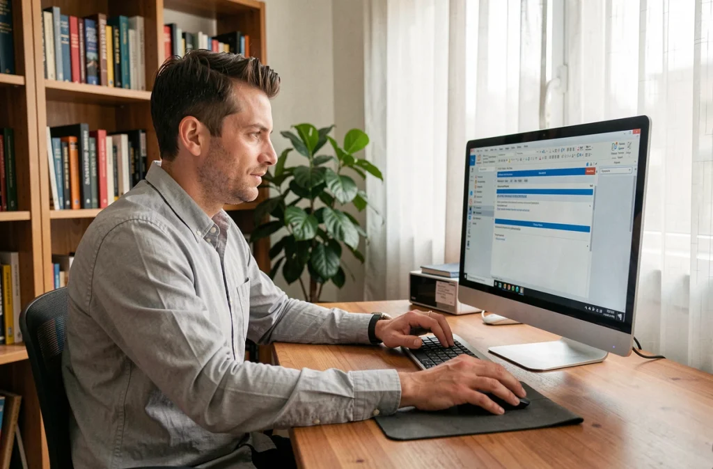 Homme travaillant depuis son bureau à domicile en train de composer un email professionnel avec plusieurs destinataires