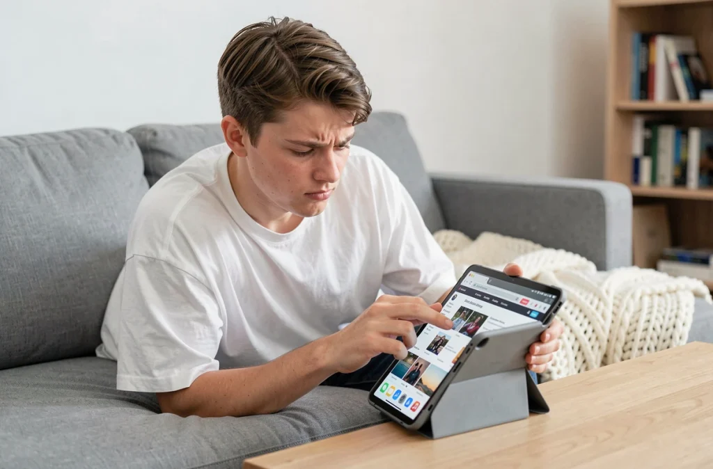 Jeune adulte testant différents navigateurs web sur une tablette dans un salon scandinave minimaliste