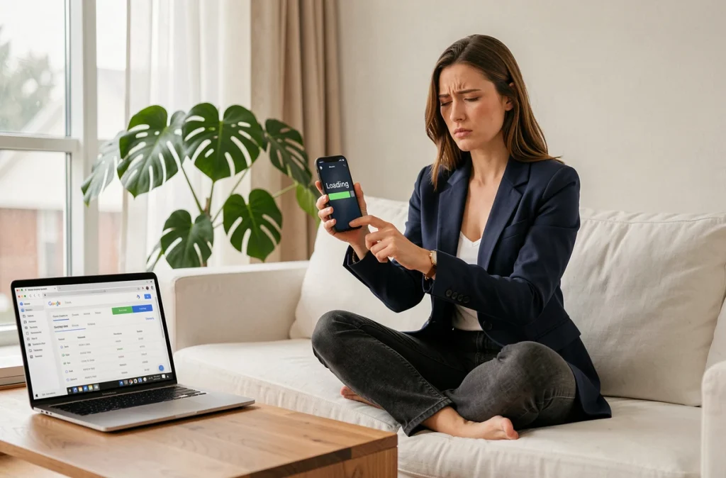 Femme frustrée par le temps de chargement lent d'un site web sur smartphone à domicile