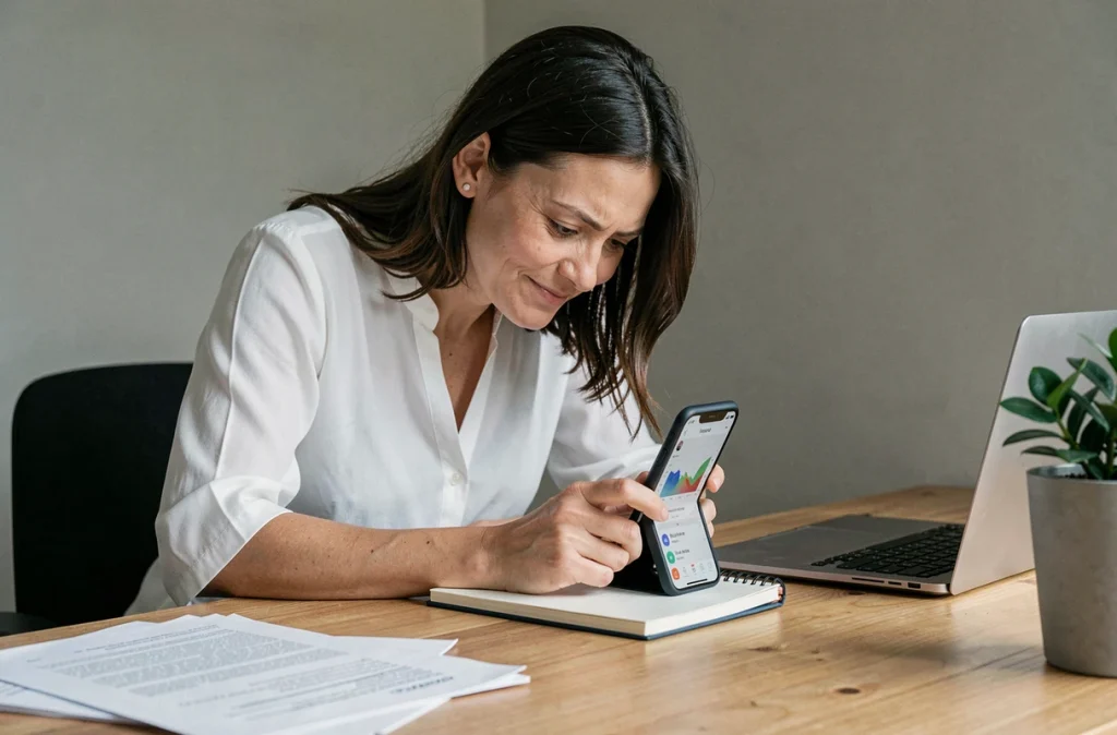 Femme consultant des stories Instagram de manière anonyme depuis son bureau à domicile