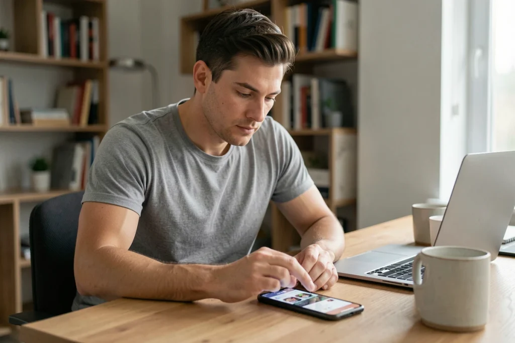 Homme consultant des stories Instagram sur son téléphone depuis un bureau à domicile