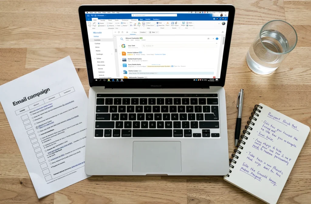 Vue aérienne d'un bureau avec un ordinateur portable affichant Outlook et des documents de planification pour l'automatisation d'envois d'emails en masse