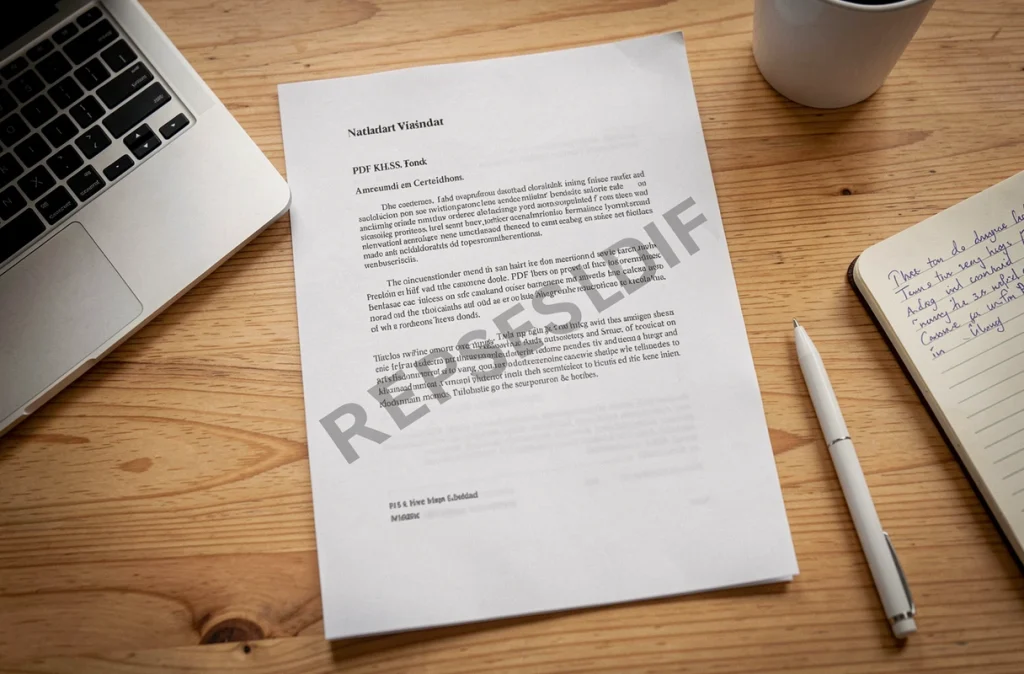 Vue de dessus d'un document PDF imprimé avec filigrane personnalisé posé sur un bureau en bois entouré d'outils de travail