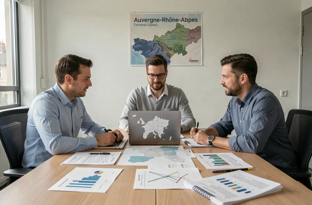 Équipe de Web Expert Auvergne-Rhône-Alpes en réunion de projet autour d'une table de conférence d'agence web